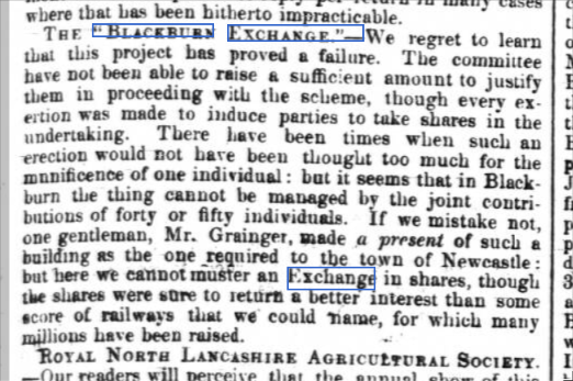 Article from Blackburn Standard 10th Sept 1851 that the Exchange project had failed to raise funds and was cancelled.