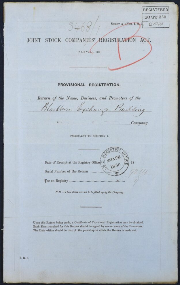 Registration document for the Blackburn Exchange Building Company, dated 1850