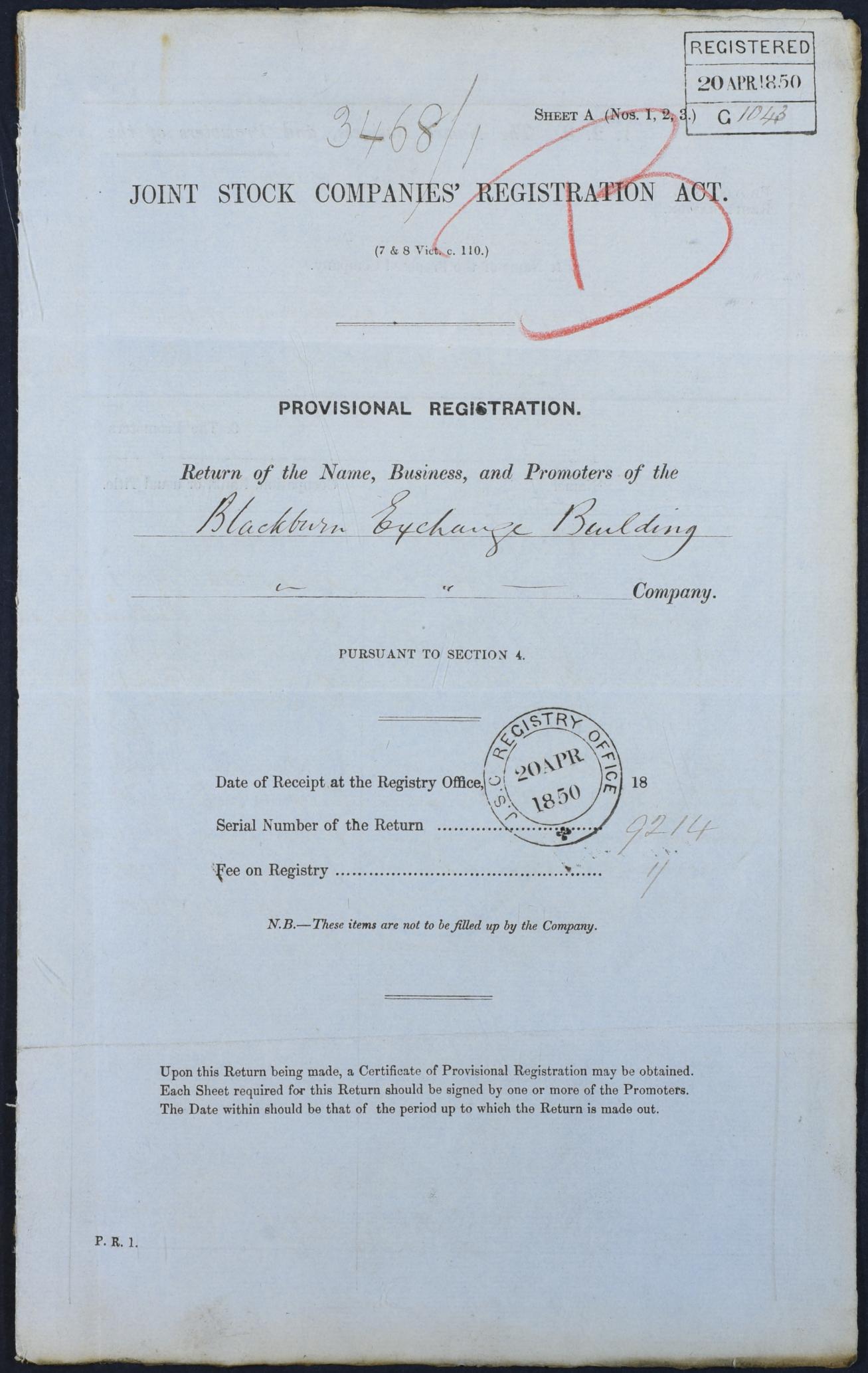 Registration document for the Blackburn Exchange Building Company, dated 1850